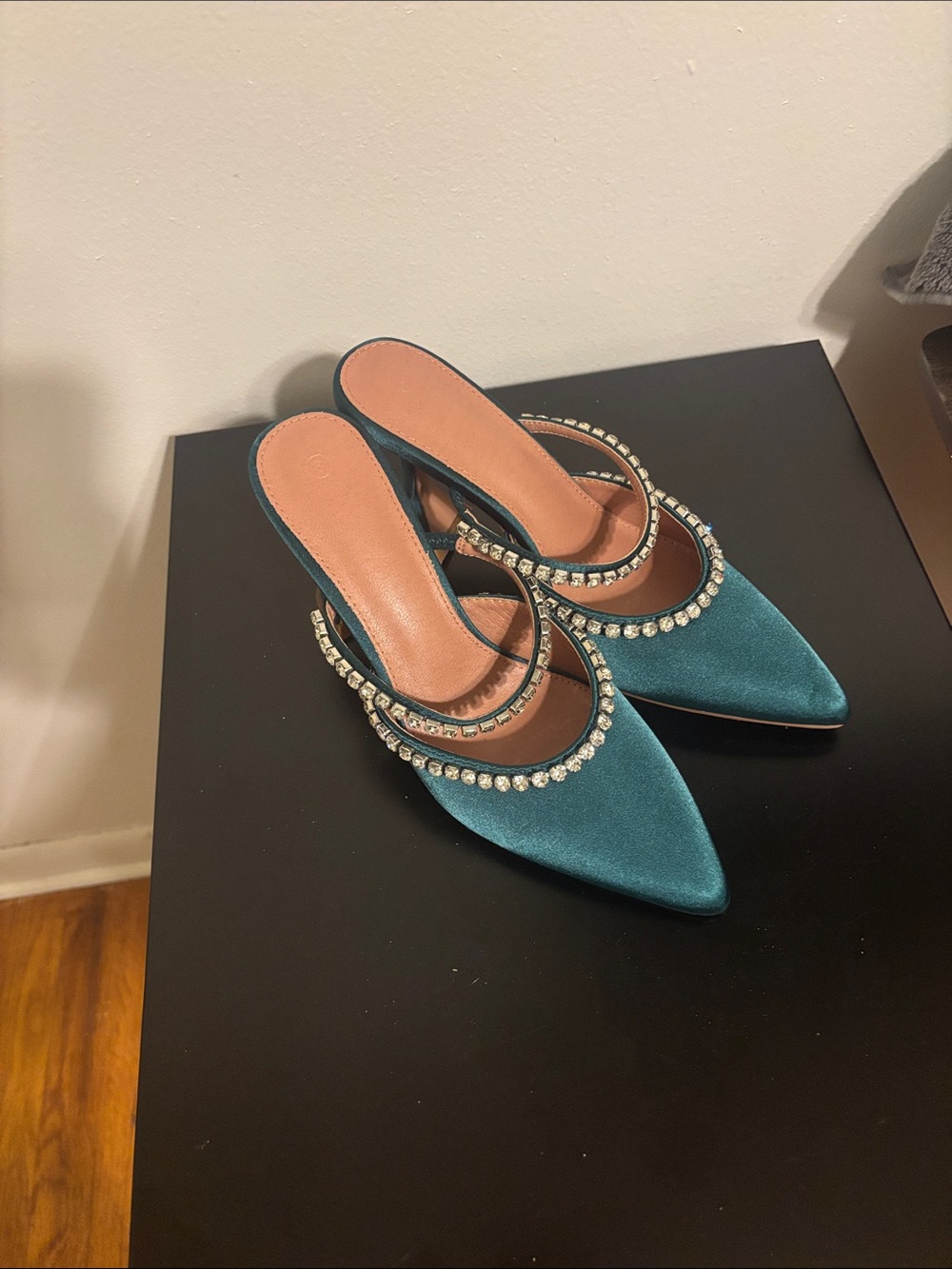 Satin Teal Pointed-Toe Mule with Crystal Embellished Straps